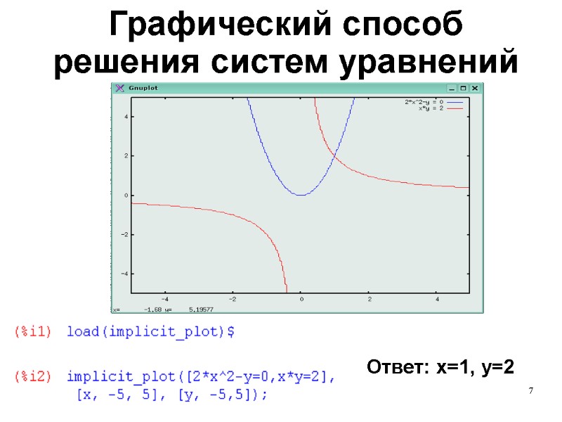 7 Графический способ решения систем уравнений Ответ: x=1, y=2